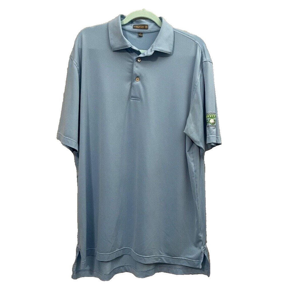 Peter Millar Summer Comfort Polo Shirt Mens Large‎ Blue Golf Tournament Logo